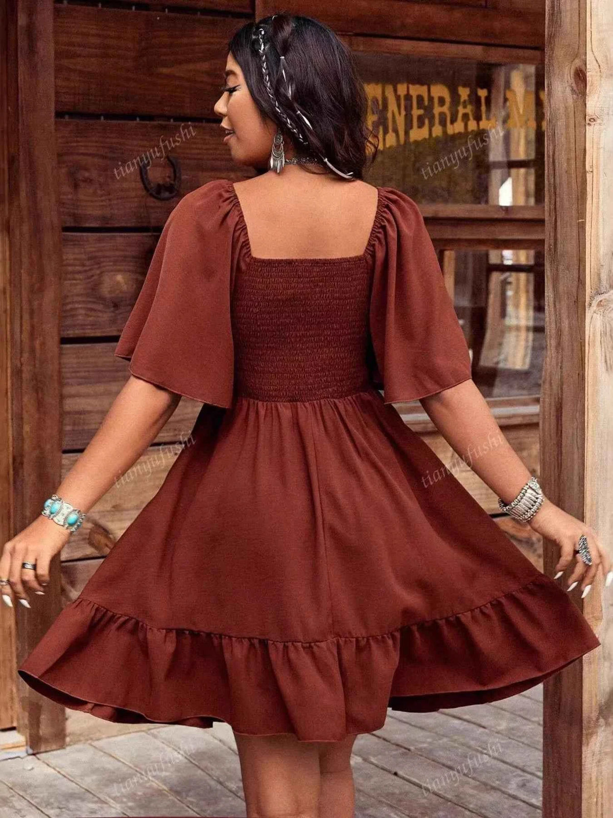 Embroidered Flutter Sleeve Mini Dress