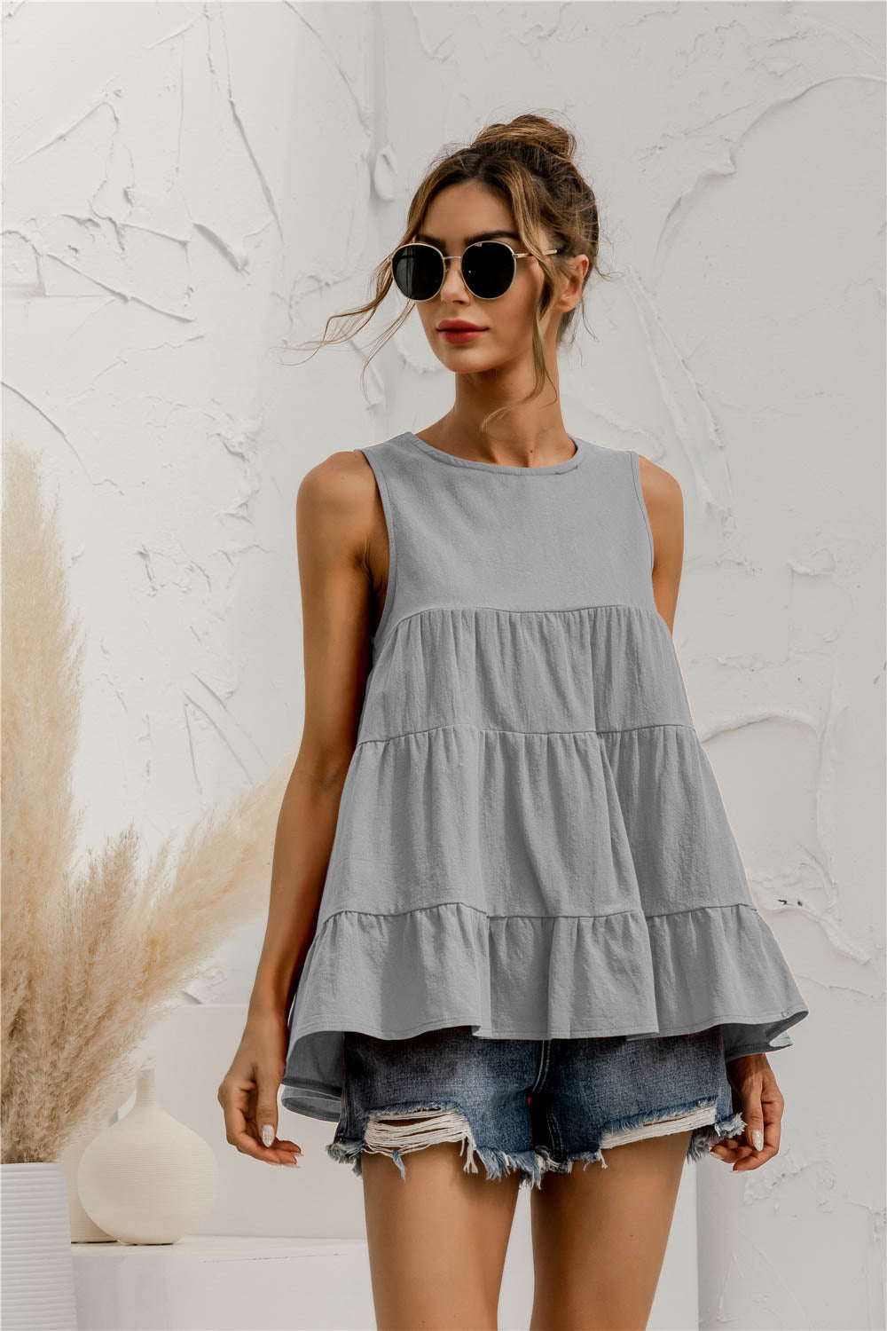 Round Neck Tiered Tank Top round neckline