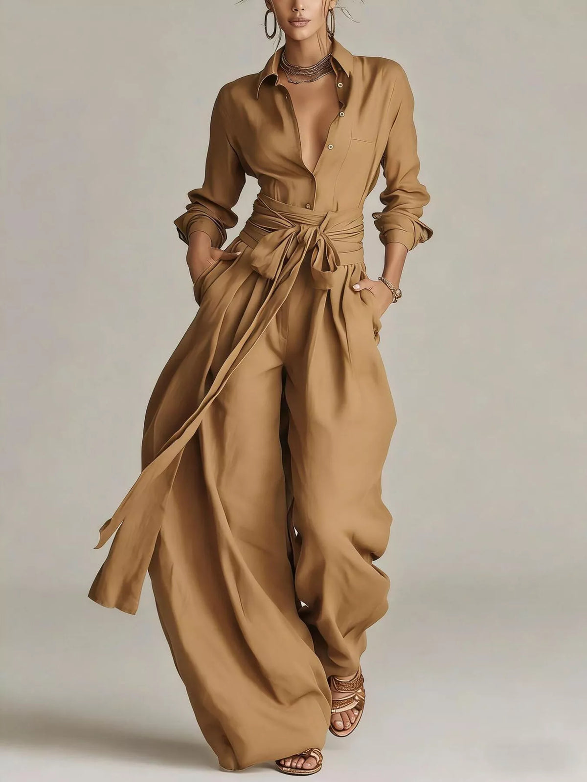Back view of a woman wearing a Long-Sleeve Waist-Tie Jumpsuit in brown, showcasing its elegant design.