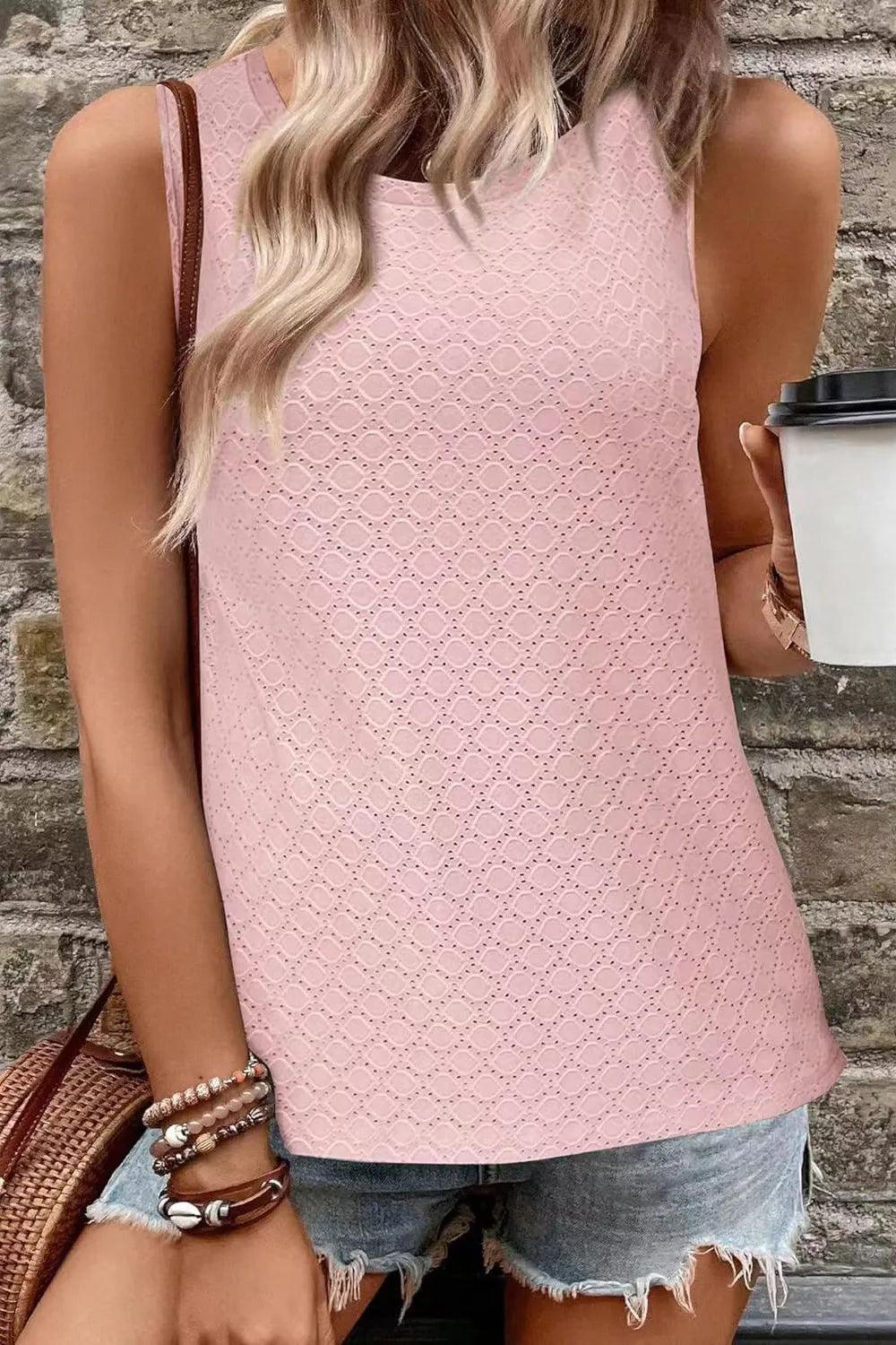 Eyelet Round Neck Tank sleeveless design