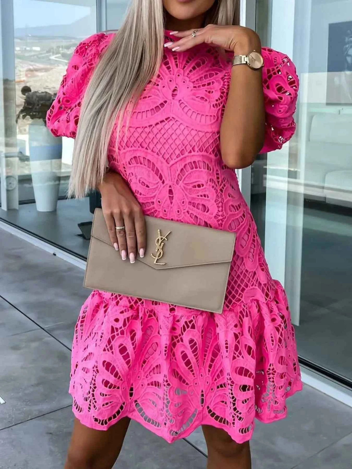 Elevate Your Style with Our Lace Mock Neck Puff Sleeve Dress