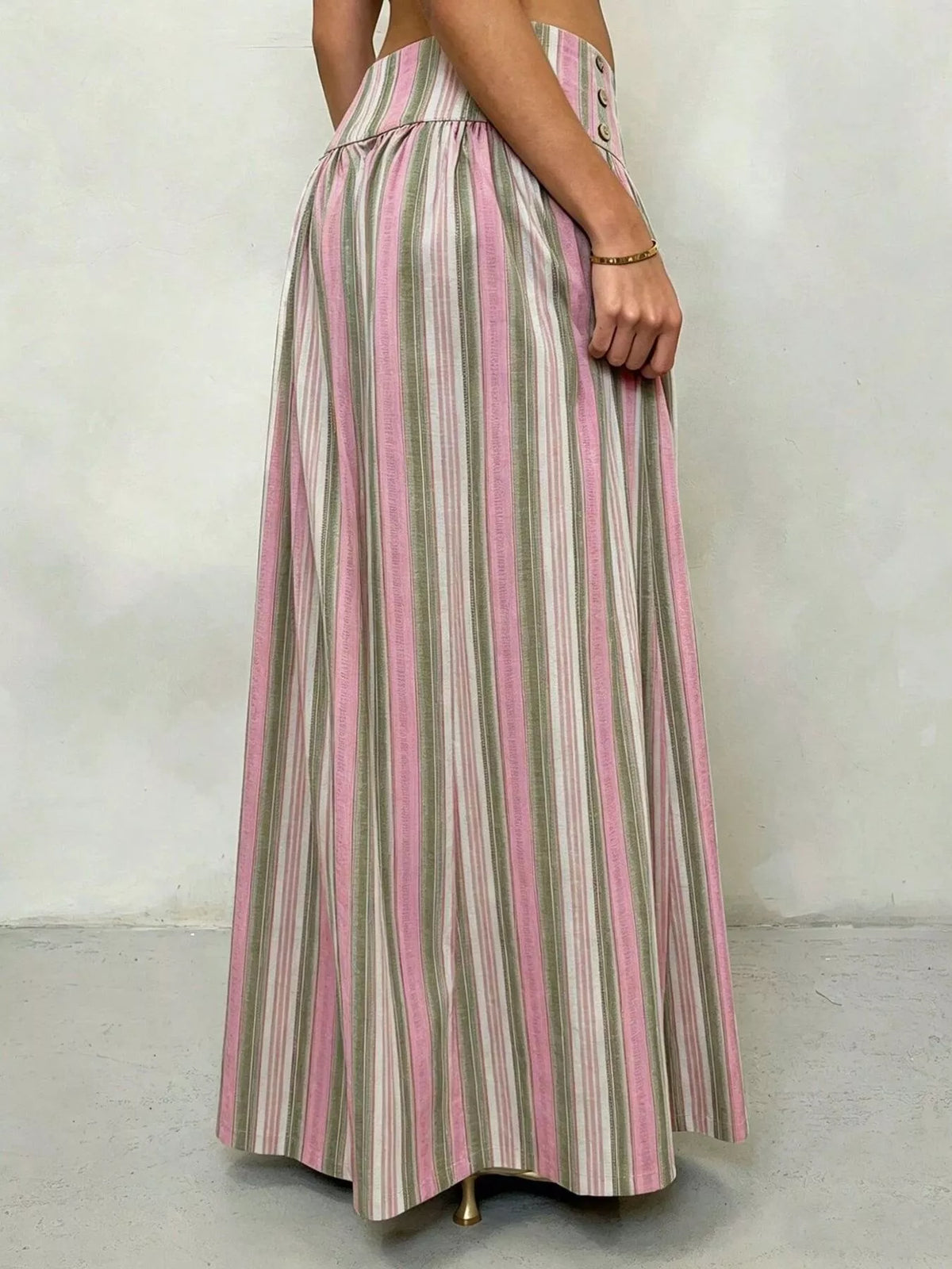 High-Waisted Striped Wide-Leg Pants in pink and green stripes, featuring a wide-leg design and flattering high waist.