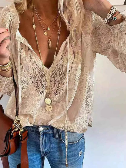 Elevate Your Style with Our Elegant Lace Tie-Neck Blouse