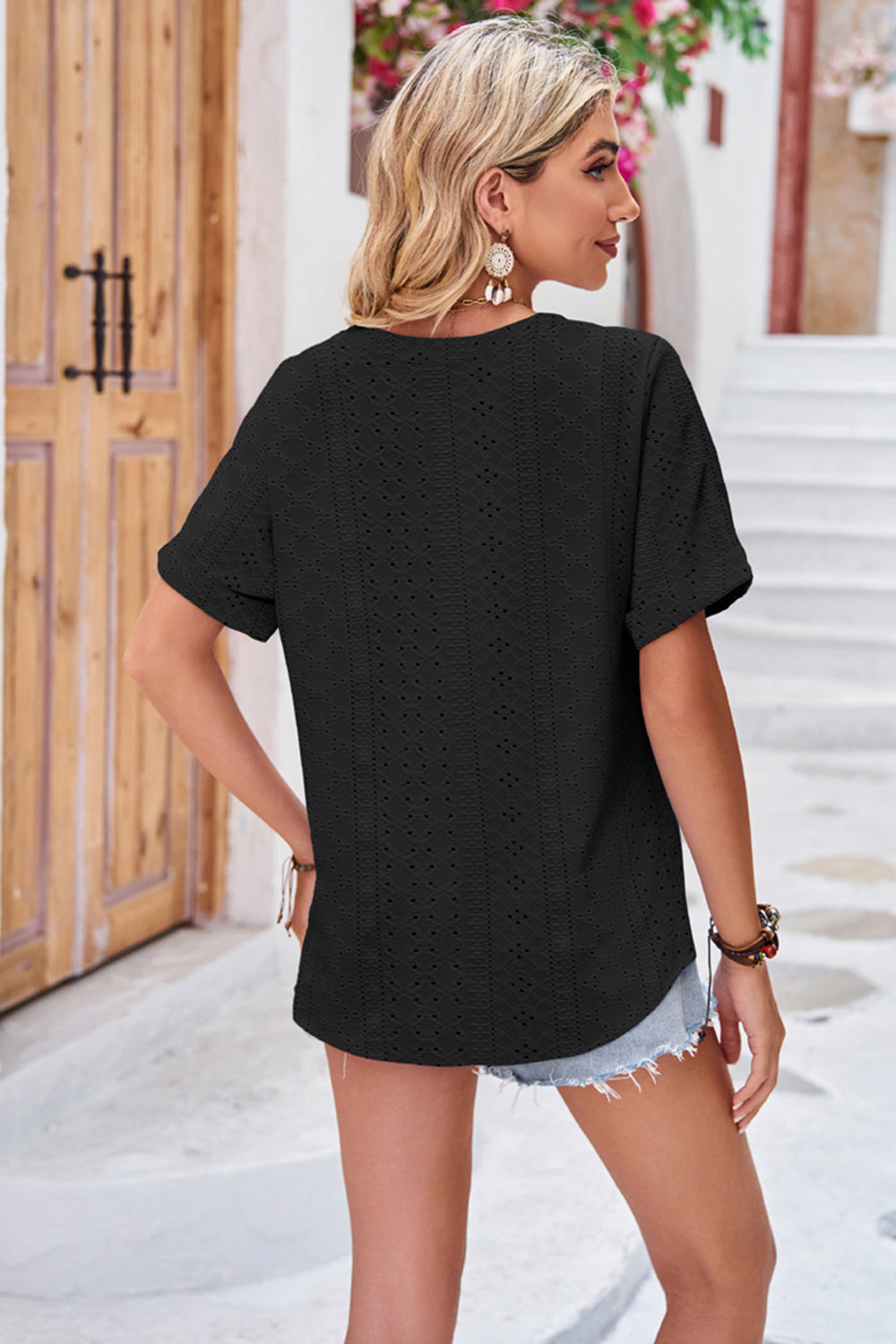 Buttoned Notched Neck Eyelet Top notched neckline