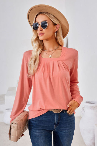 Square Neck Ruched Long Sleeve Blouse long sleeve design