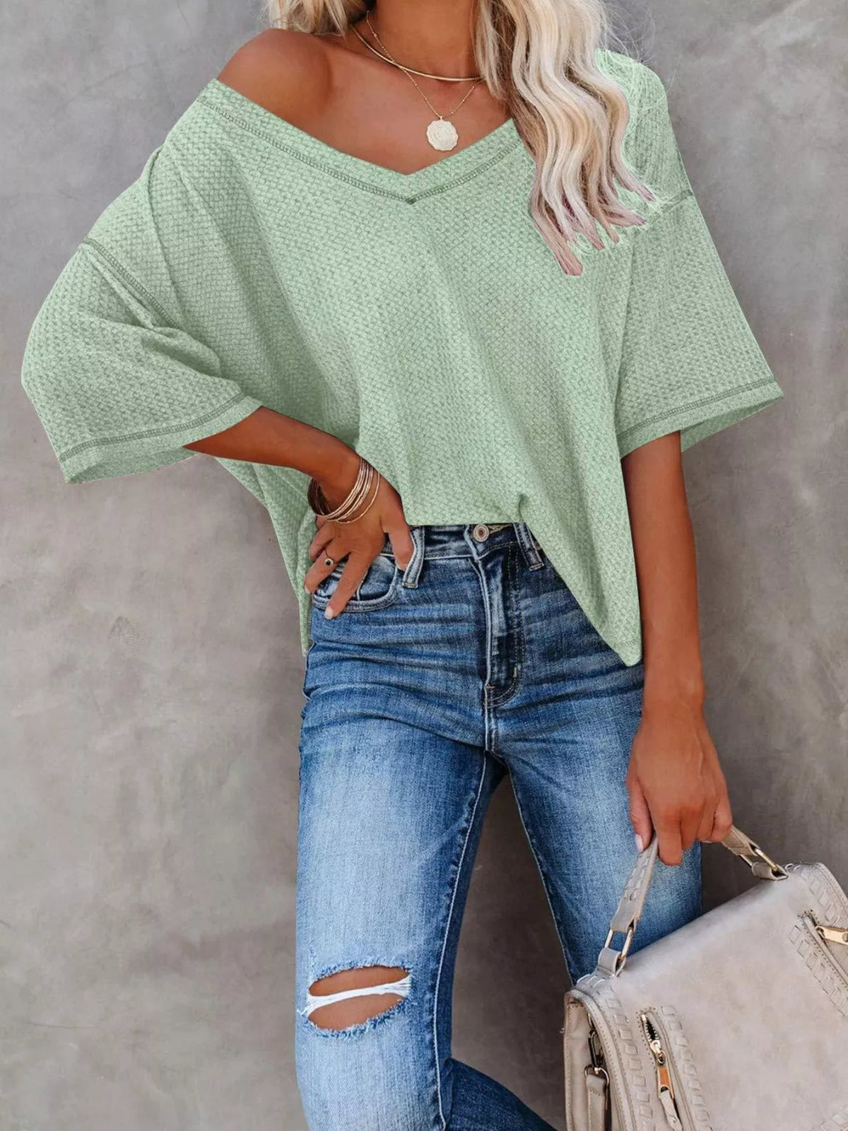 Waffle knit v-neck t-shirt casual outfit