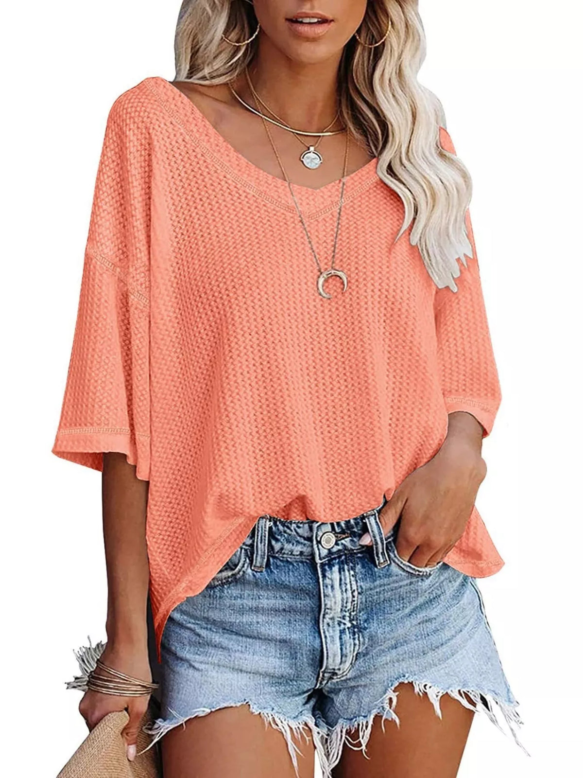 Waffle knit v-neck t-shirt casual outfit