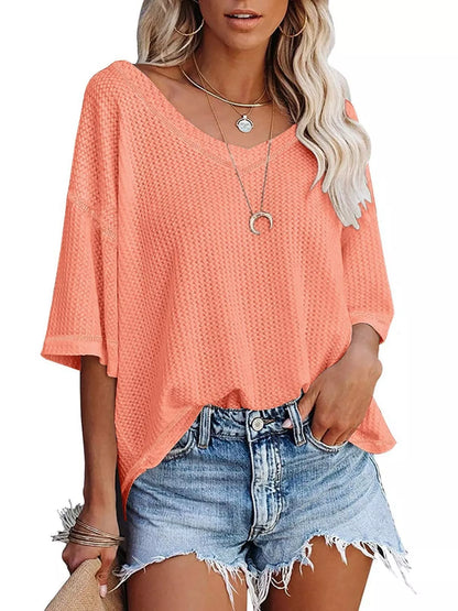 Waffle knit v-neck t-shirt casual outfit