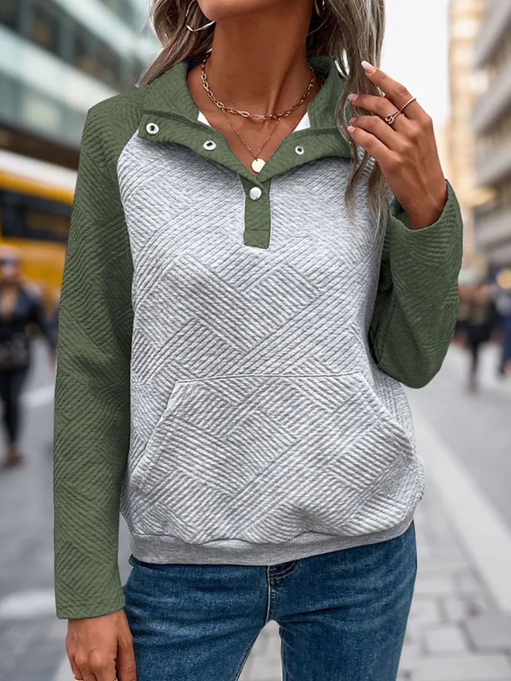 Perfee Contrast Textured Long Sleeve Sweatshirt textured design
