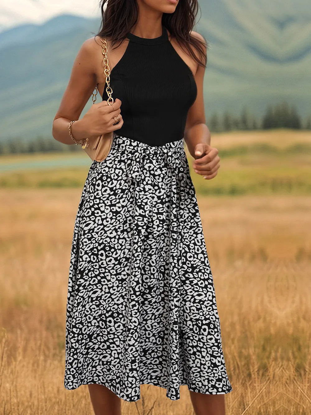 Leopard halter neck midi dress leopard print detail