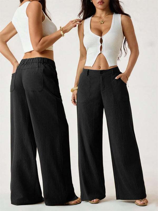 Cotton Linen Wide-Leg Pants worn by a model, showcasing stylish and casual women&
