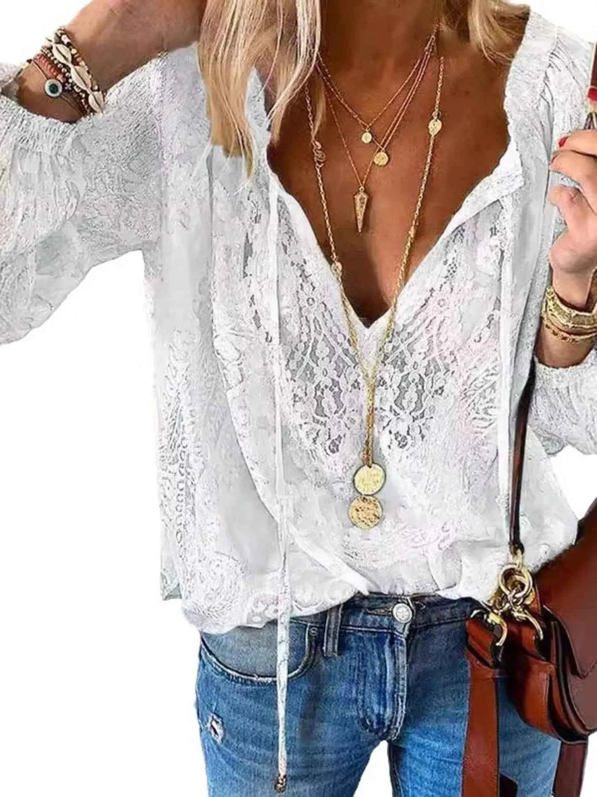 Elevate Your Style with Our Elegant Lace Tie-Neck Blouse