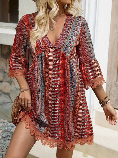 Lace Trim V-Neck Dress in vibrant patterns, showcasing elegance and comfort for casual or chic occasions.