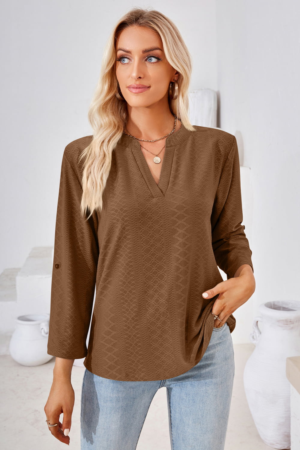 V-Neck Roll-Tap Sleeve Blouse casual outfit