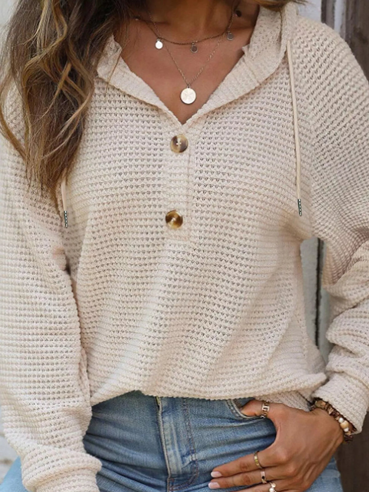 Casual Waffle Knit Hoodie waffle knit texture