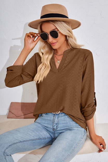 V-Neck Roll-Tap Sleeve Blouse casual outfit