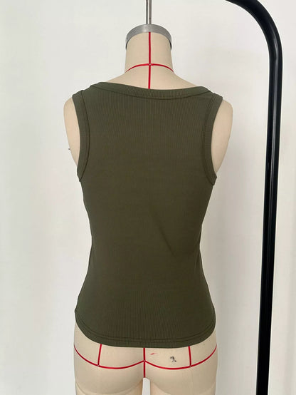 Back view of a Ribbed Knit Slim Fit Tank Top in olive green, showcasing the stylish sleeveless design.
