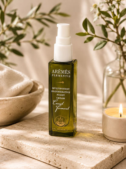 Multipotent Night Cream displayed in an elegant bottle on a stone tray for overnight skin rejuvenation.