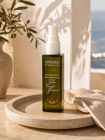 Multipotent Night Cream displayed in an elegant bottle on a stone tray for overnight skin rejuvenation.
