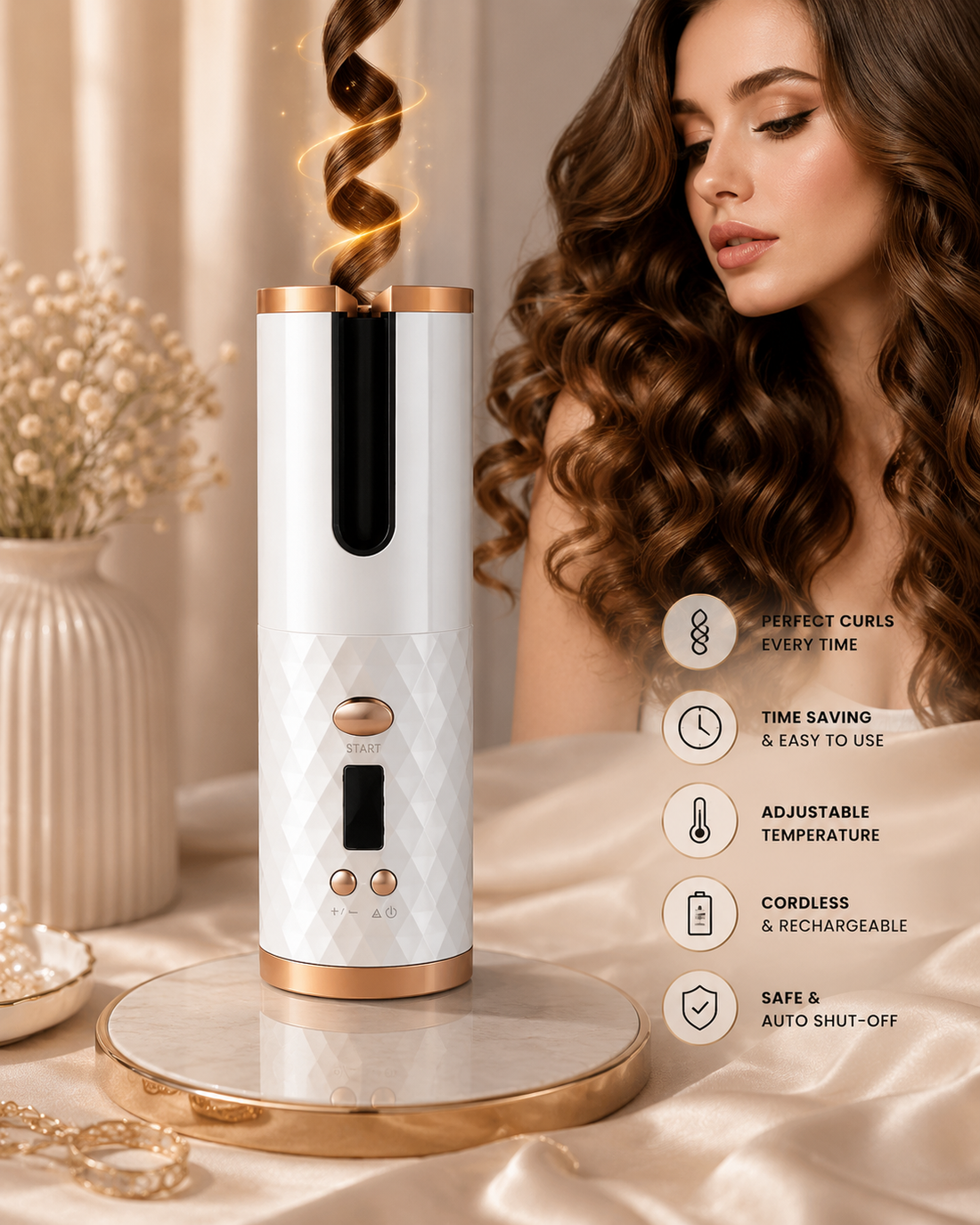 Portable hair curler for women on a stylish surface with a model showcasing effortless curls and chic design.