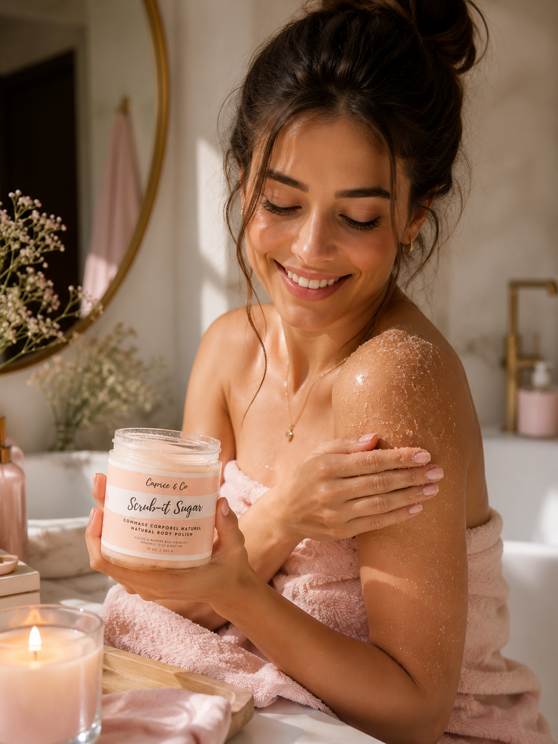 Luxurious body scrub with white freesia orchid and vanilla