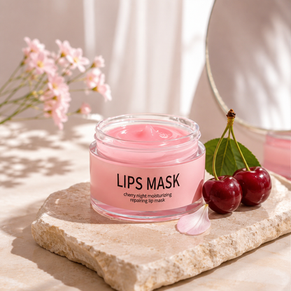 Intensive lip moisturizer in a cherry night mask jar with fresh cherries and pink flowers, offering deep hydration for soft lips.