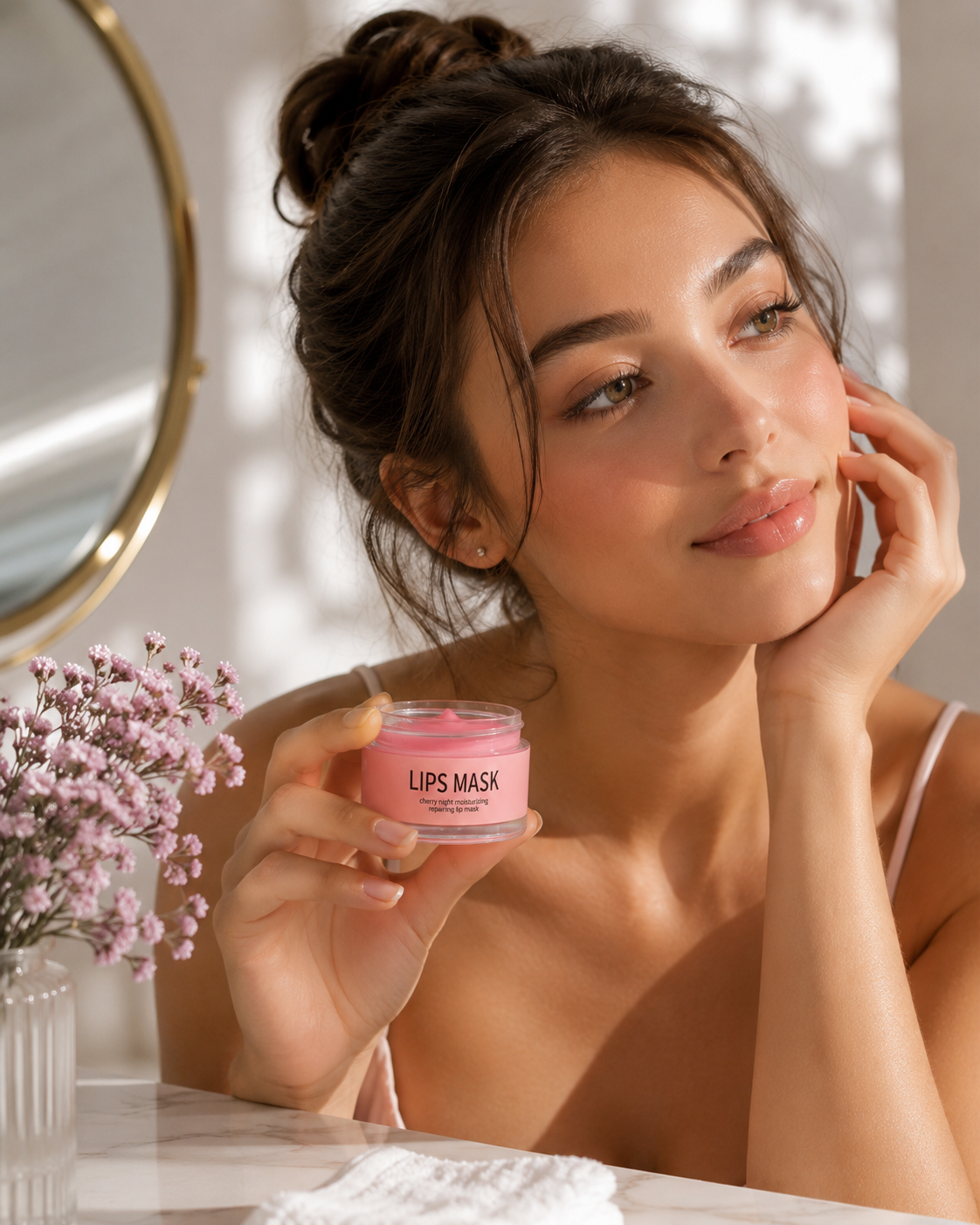 A woman holds a jar of Intensive Lip Moisturizer, showcasing soft and hydrated lips in a bright setting.