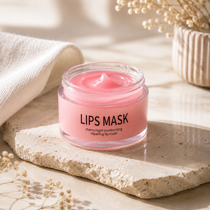 Intensive lip moisturizer in a jar, pink cherry night repairing lip mask on a natural stone background.