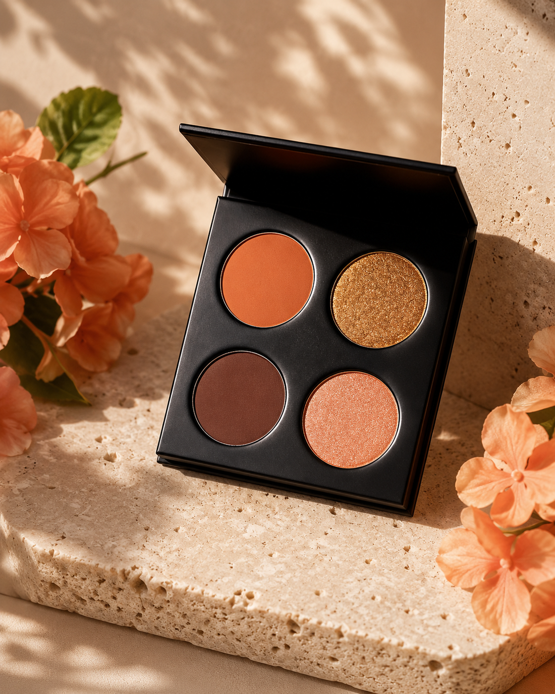 Versatile Makeup Palette featuring shimmer and matte shades arranged in a compact design among soft floral accents.