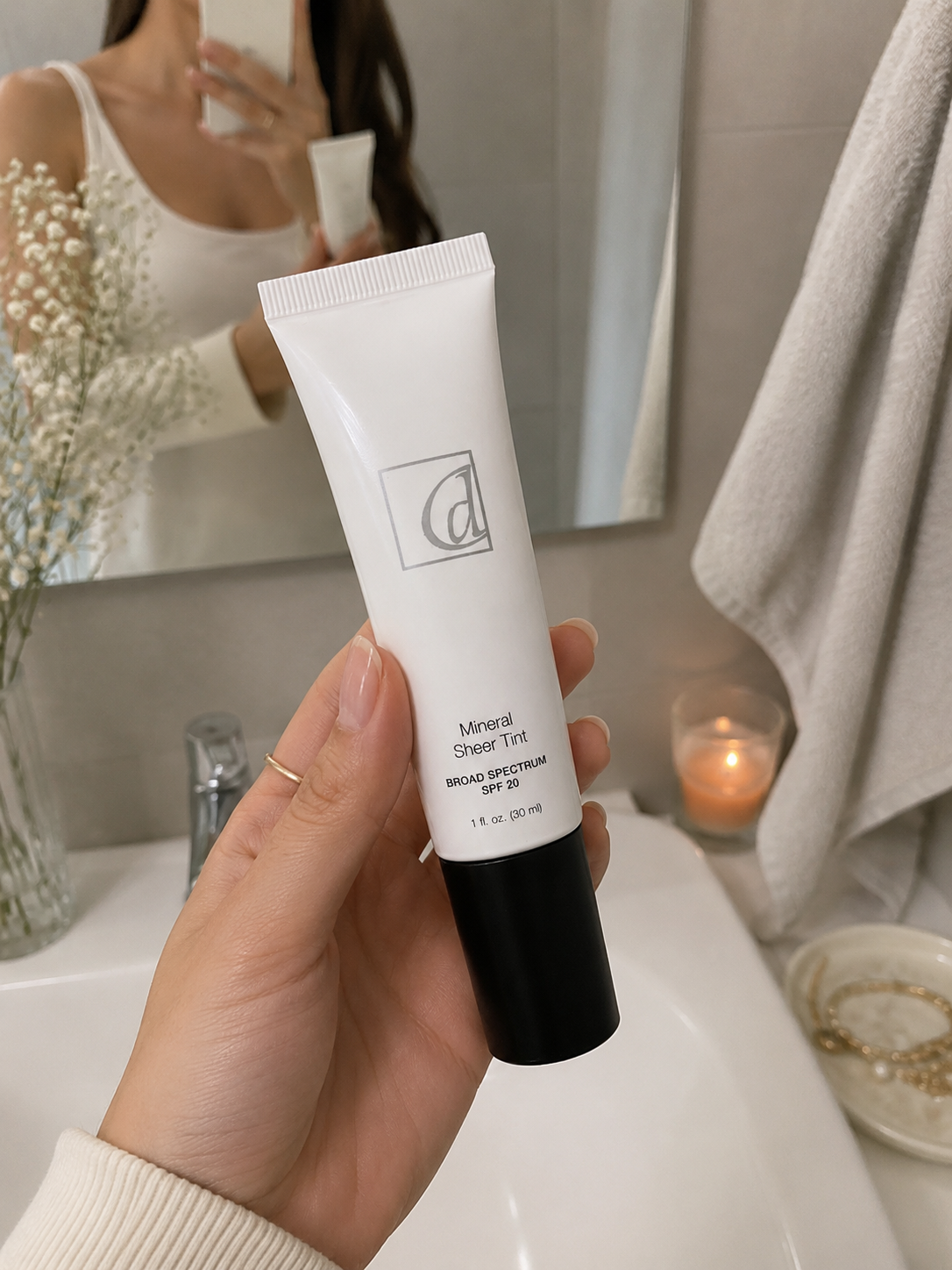 Lightweight tinted moisturizer in hand, designed for a natural radiant glow, ideal for daily skincare routines.