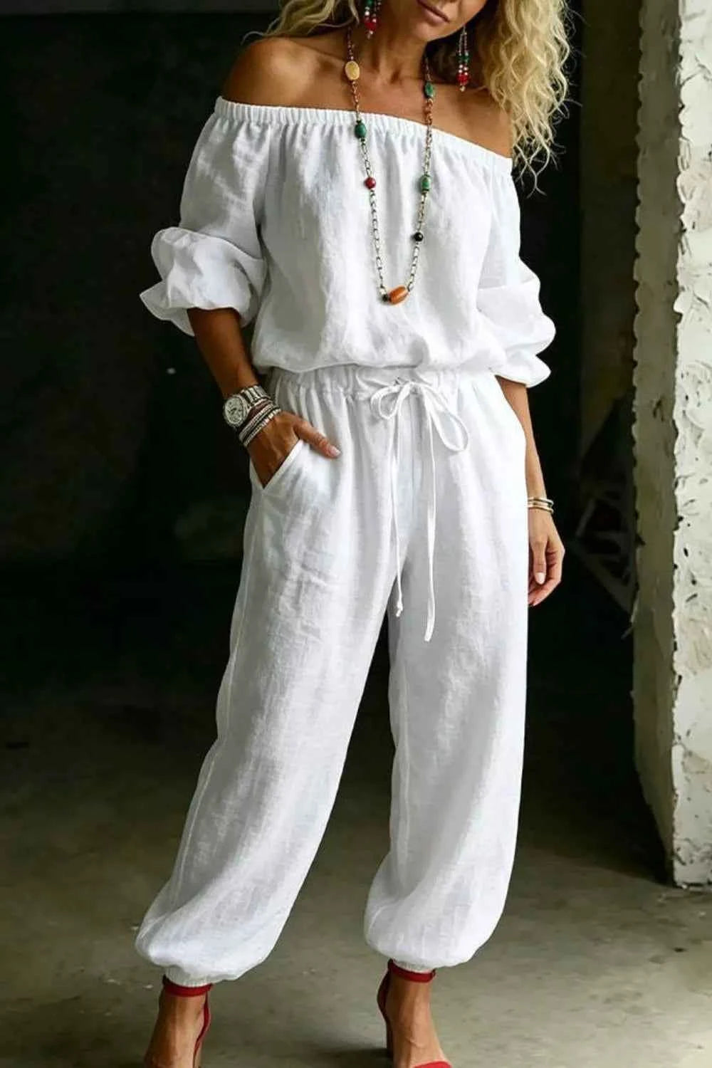 Elevate Your Style with Our Plus Size Off-Shoulder Set: Chic Top &amp; Pants Combo