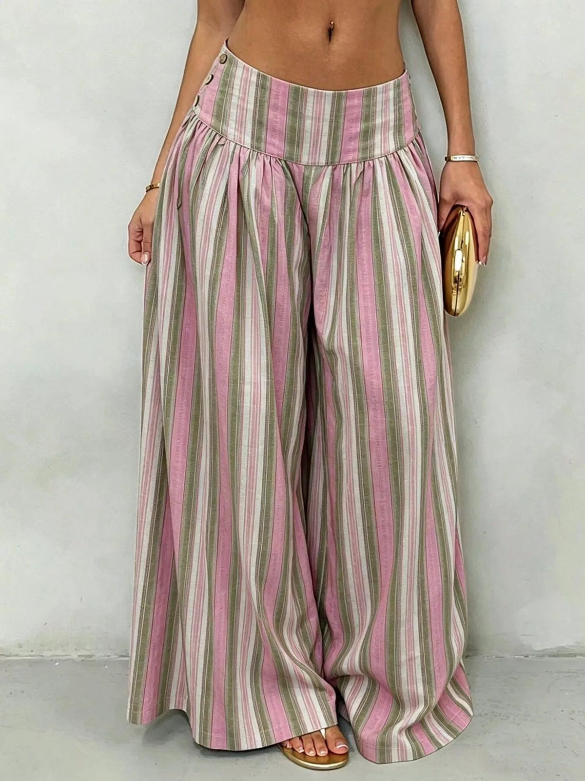 High-Waisted Striped Wide-Leg Pants in pink and green stripes, featuring a wide-leg design and flattering high waist.