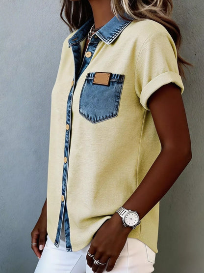 Denim Trim Short Sleeve Shirt buttoned front