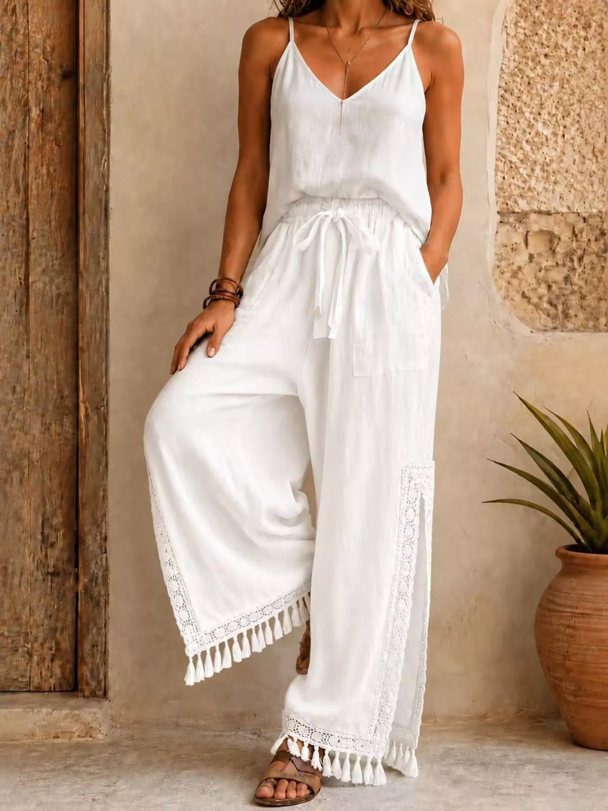 Lace Detail Wide Leg Pants lace detail