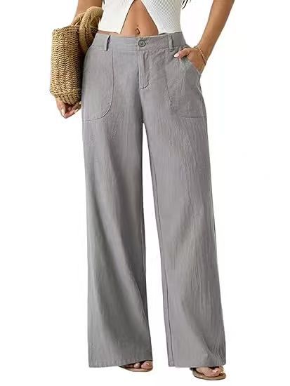 Cotton Linen Wide-Leg Pants worn by a model, showcasing stylish and casual women&