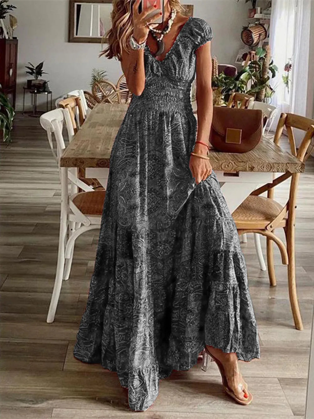 Smocked v-neck short sleeve dress smocked detail