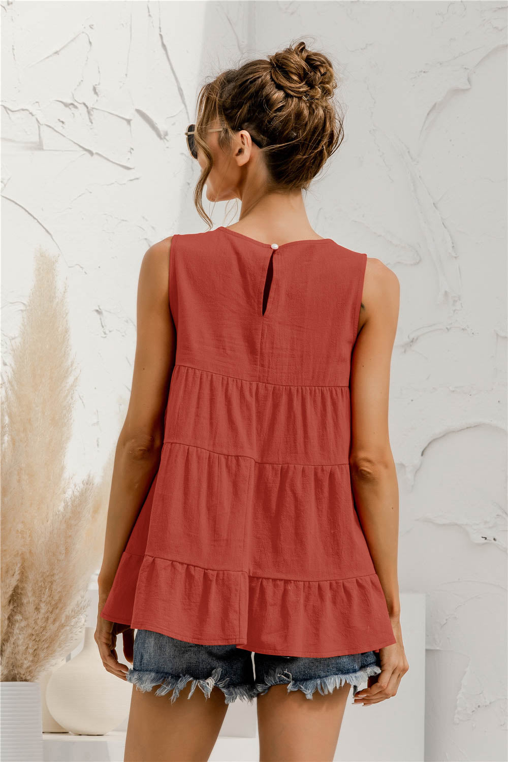 Round Neck Tiered Tank Top round neckline