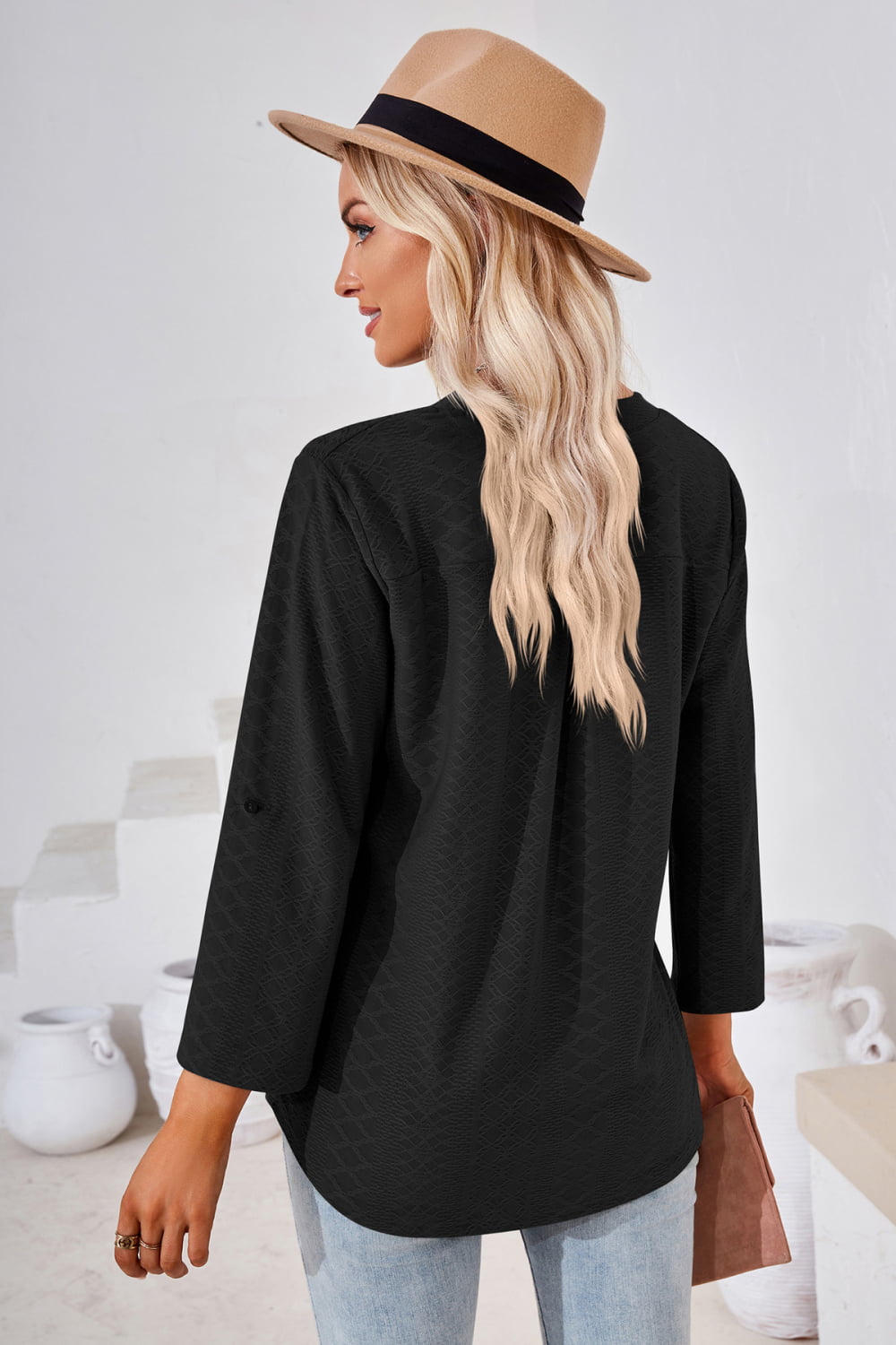 V-Neck Roll-Tap Sleeve Blouse casual outfit