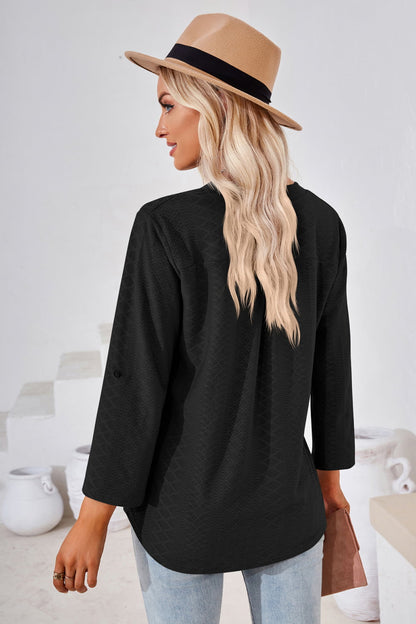 V-Neck Roll-Tap Sleeve Blouse casual outfit