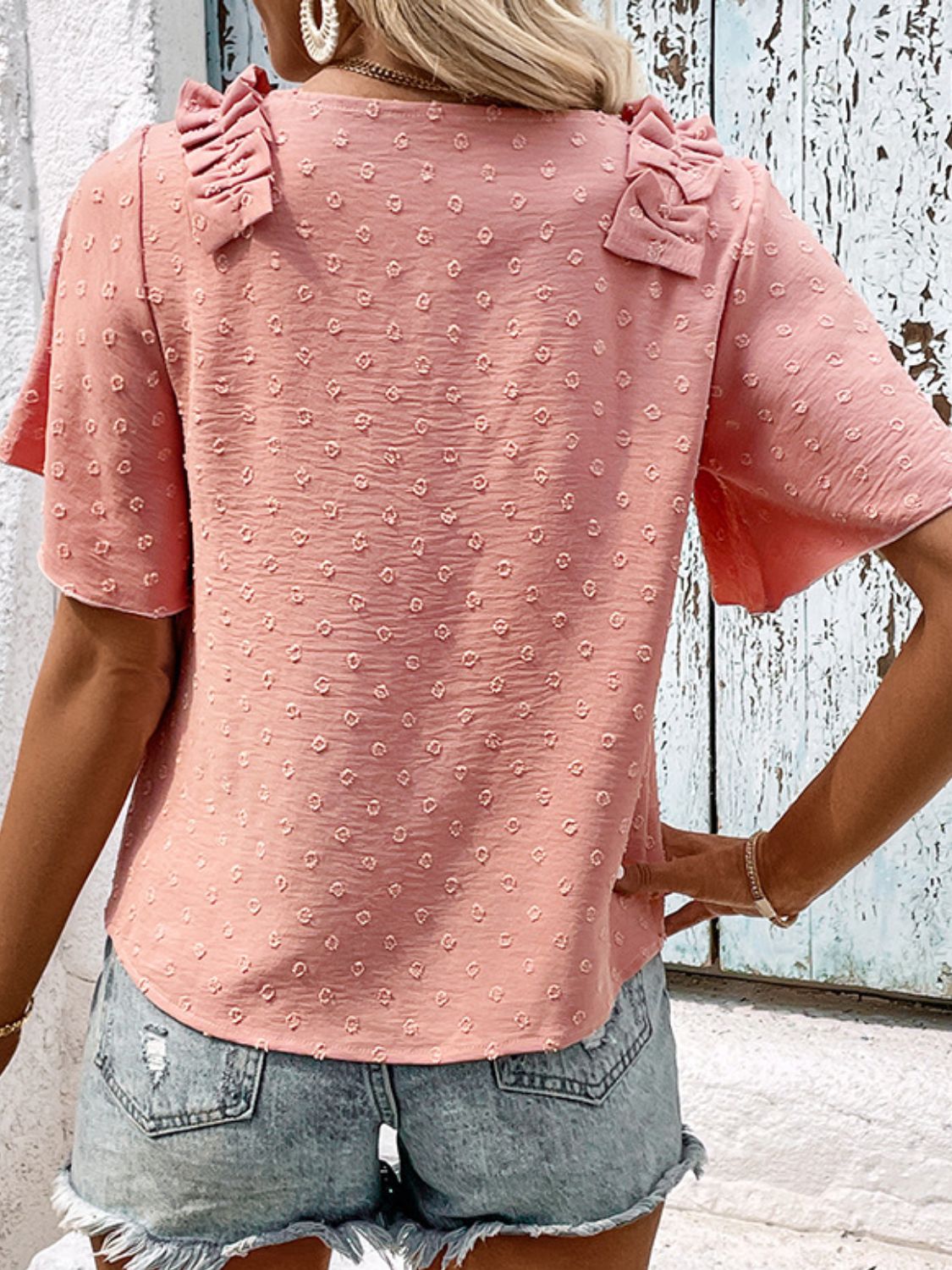 Perfee Swiss Dot V-Neck Blouse casual outfit