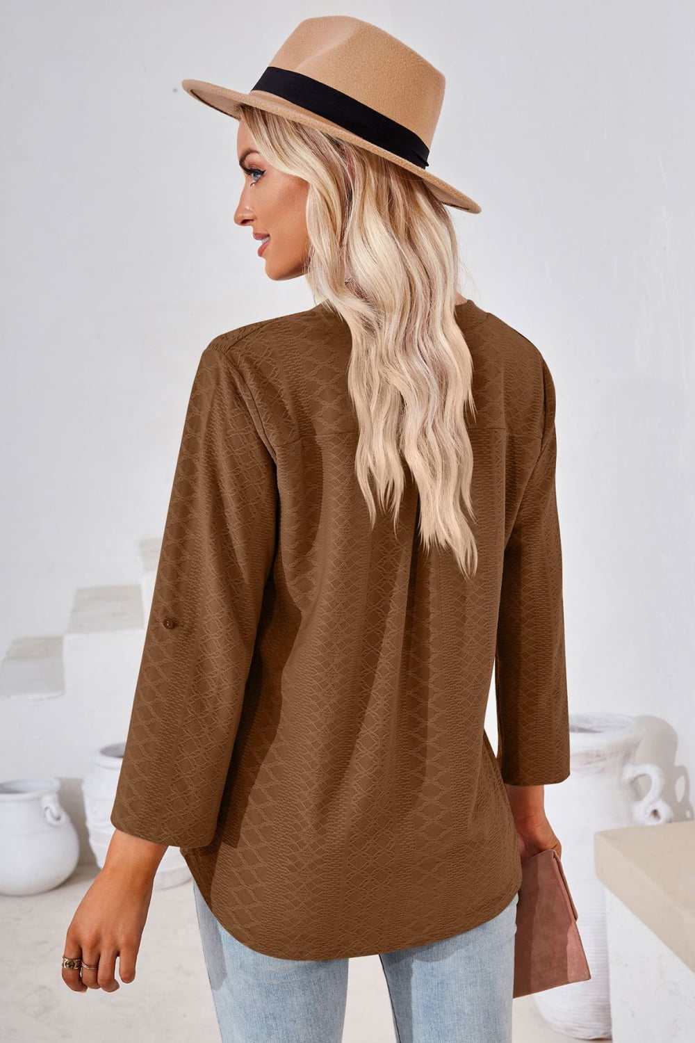 V-Neck Roll-Tap Sleeve Blouse casual outfit