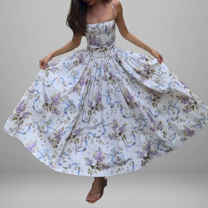 Elegant Summer Flared Strap Dress – Floral Style showcasing flared design and stunning floral patterns for summer elegance.