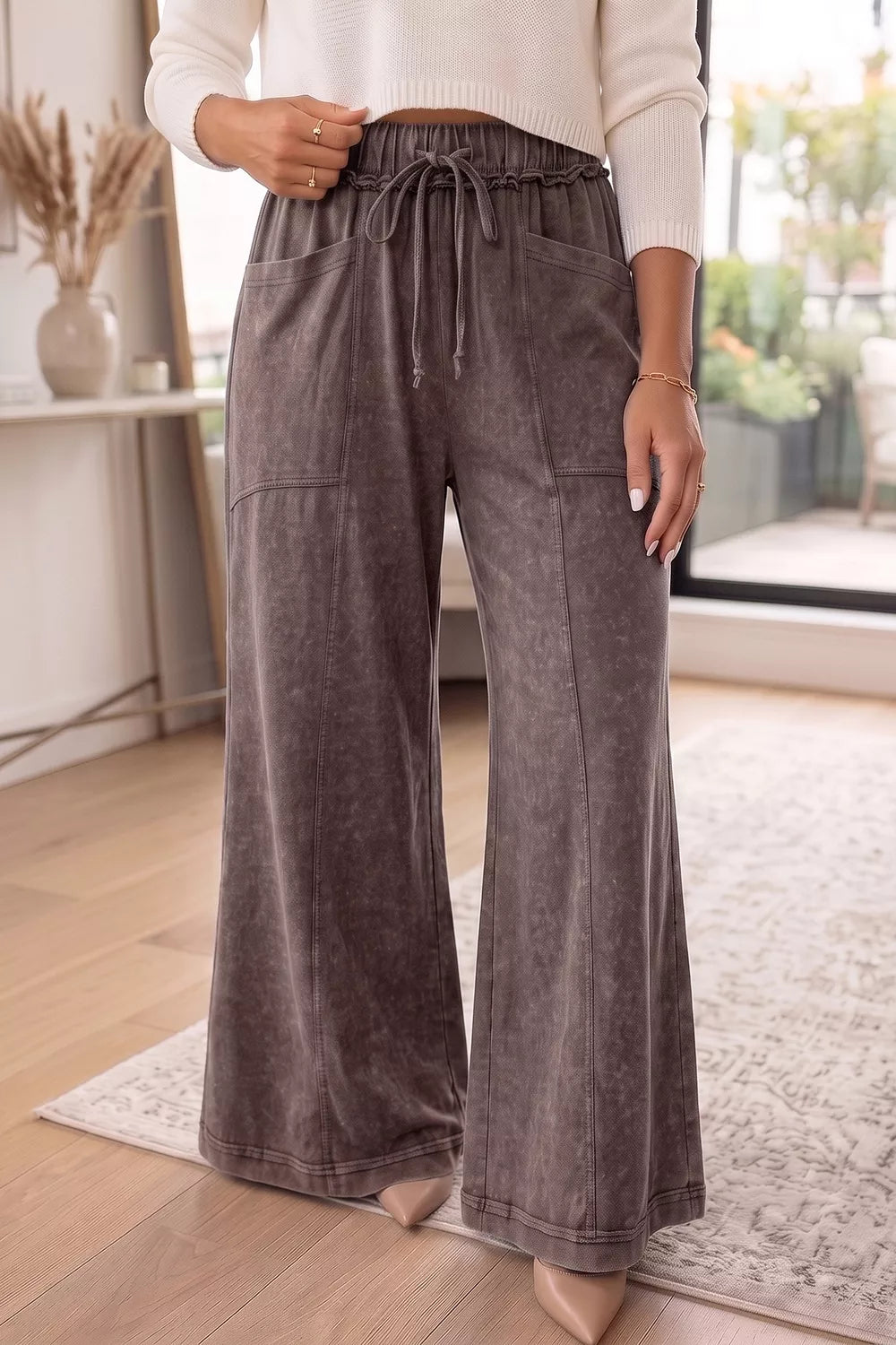 Washed Wide-Leg Drawstring Pants wide-leg design
