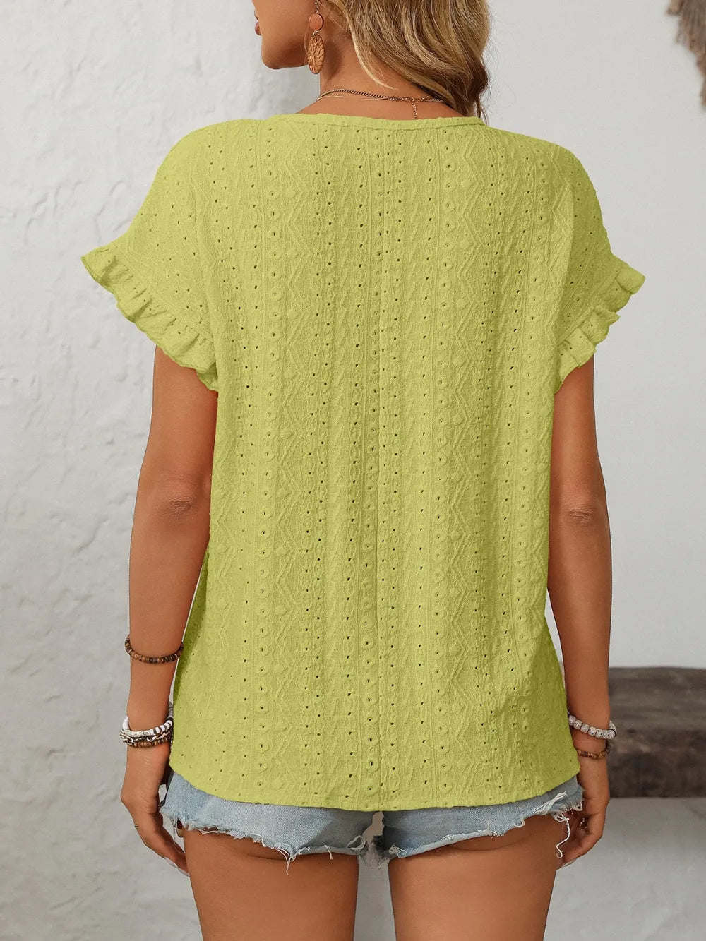 Mandy Eyelet Round Neck Top frill accent