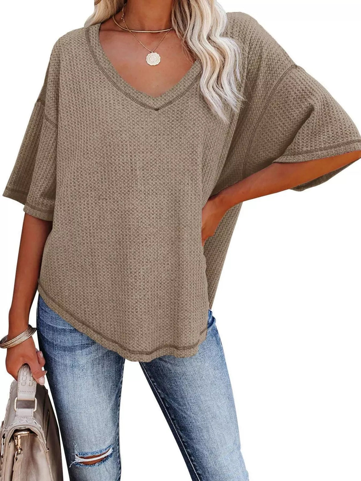 Waffle knit v-neck t-shirt casual outfit