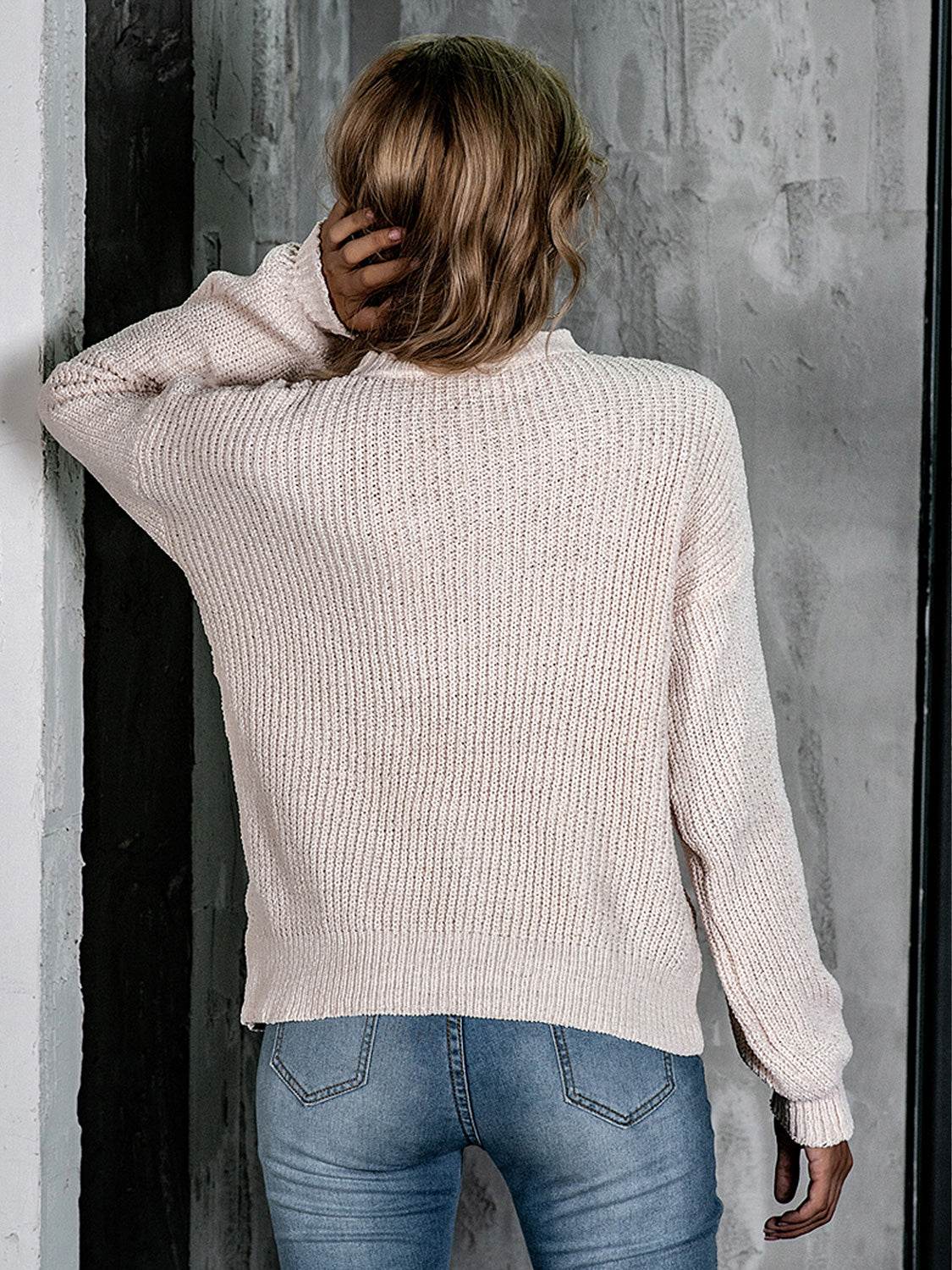 Openwork Mock Neck Long Sleeve Sweater openwork design