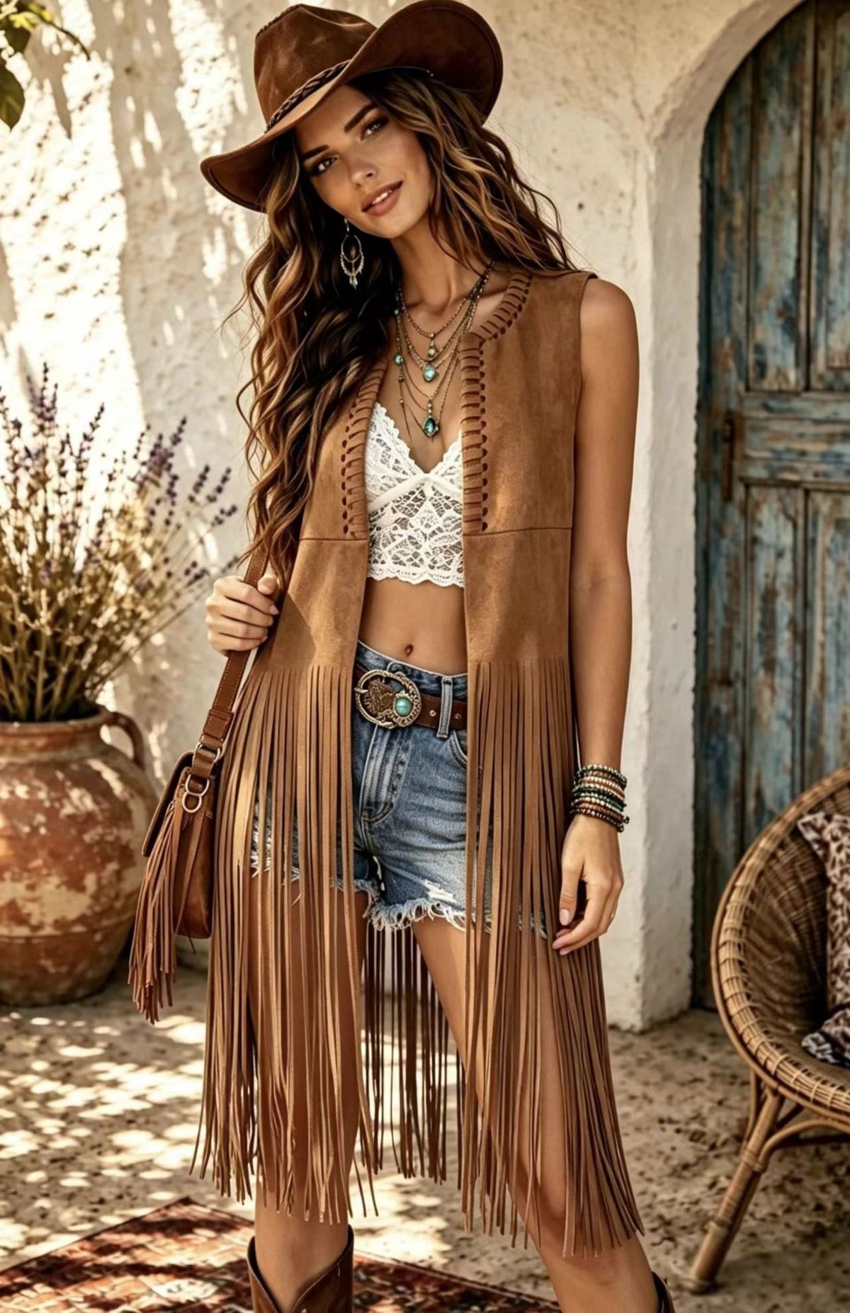 Woman wearing a Vintage Tassel Vest Cardigan in pink, styled with denim shorts and accessories, posing outdoors.