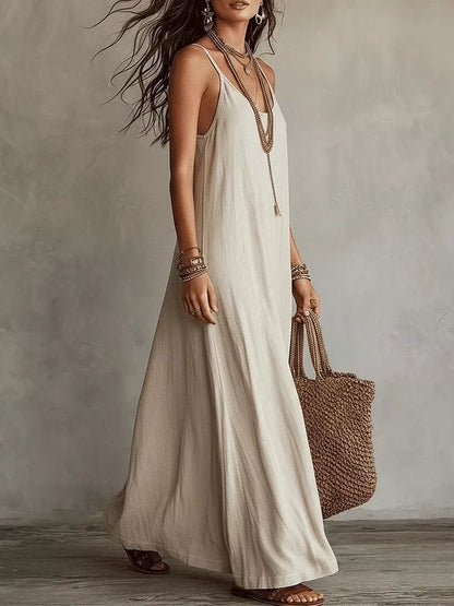 Elegant Spaghetti Strap Maxi Dress beige style