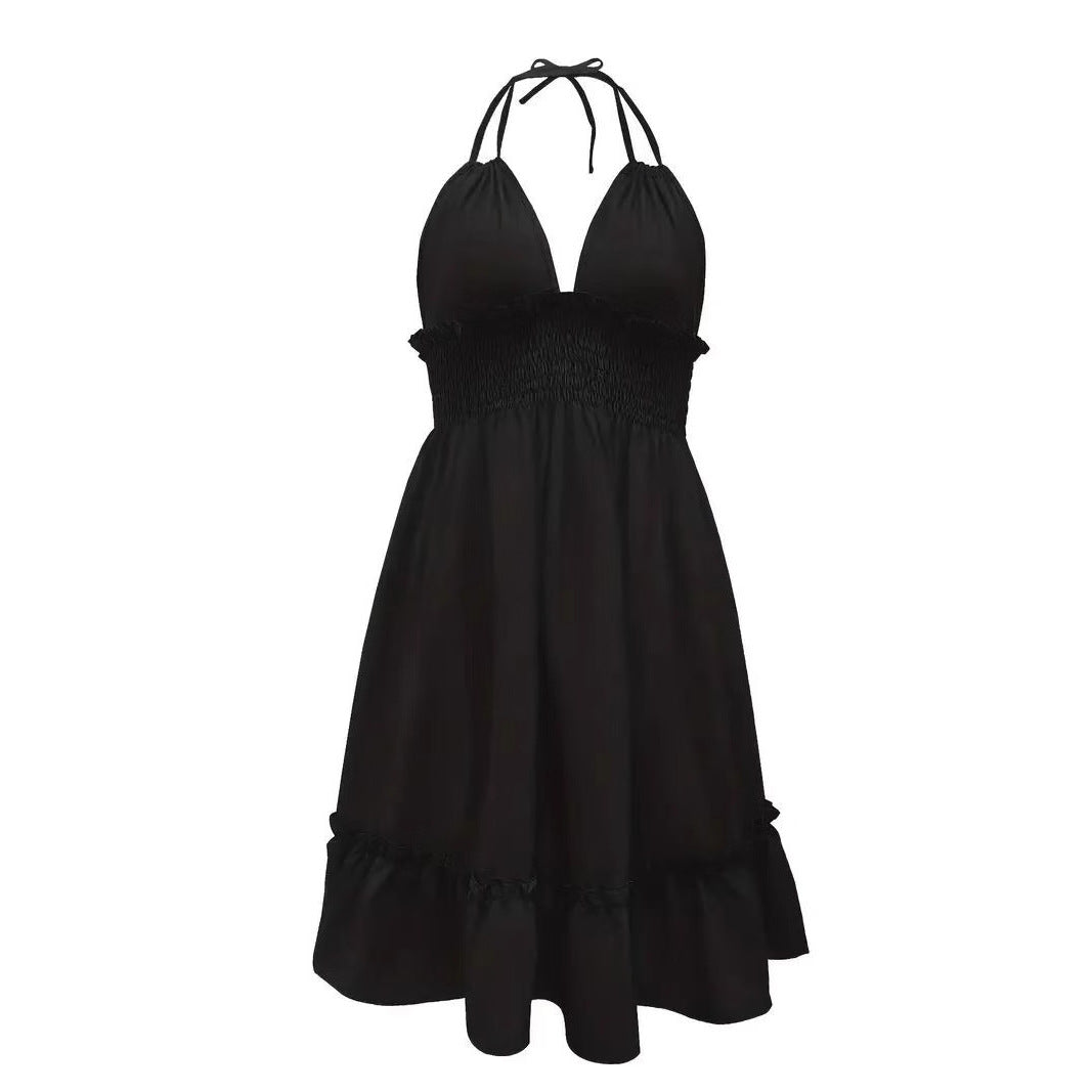 Deep V-Rope Camisole Dress in various colors and styles displayed on models, showcasing chic beach style.
