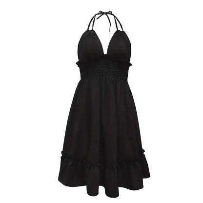 Deep V-Rope Camisole Dress in various colors and styles displayed on models, showcasing chic beach style.